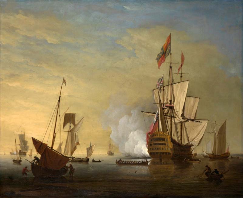 Harbor Scene An English Ship with Sails Loosened Firing a Gun
